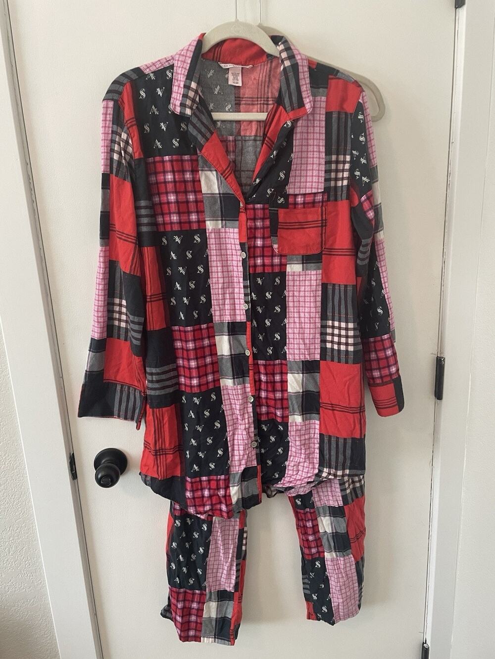 Victorias Secret 2 Piece Pajama Set Red Patchwork Loungewear Small 0109